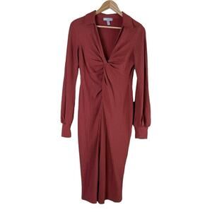 ASOS DESIGN V-Neck Twist Front‎ Long Sleeve Midi Dress in Rust, Size 8